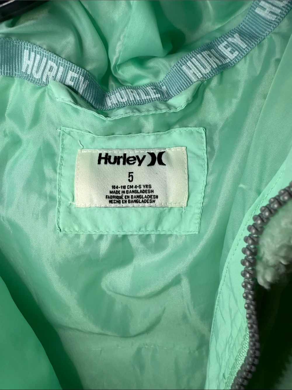Hurley Girls Jacket Size 5 Mint Quilted Sherpa Puffer